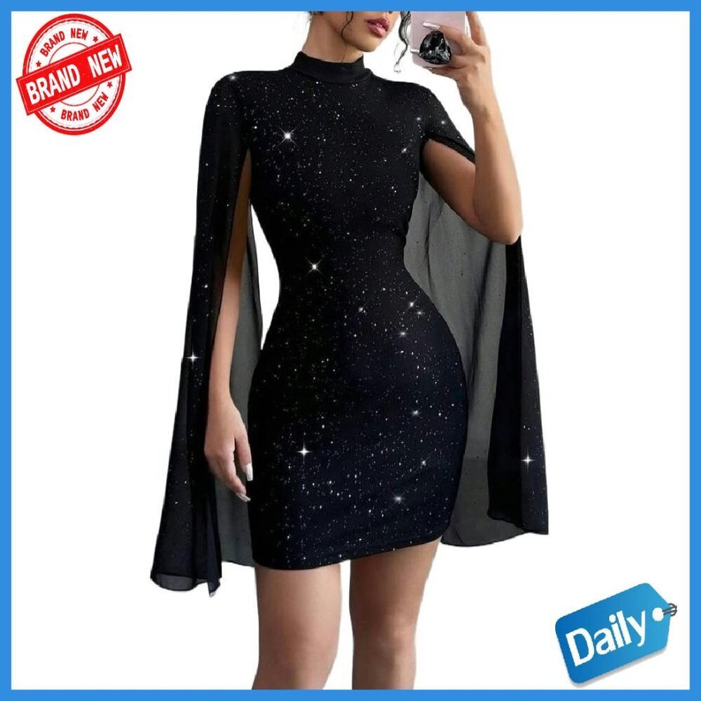 Glitter Mini Dress Mock Neck Cape Sleeve Cocktail Party Evening